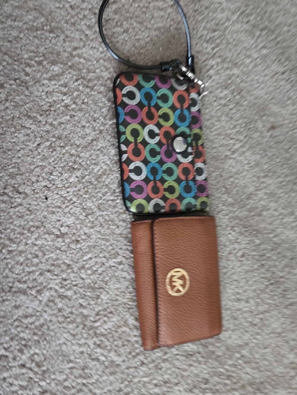 Michael Kors Multicolor Circle Print Wristlet with Brown Leather Card Wallet